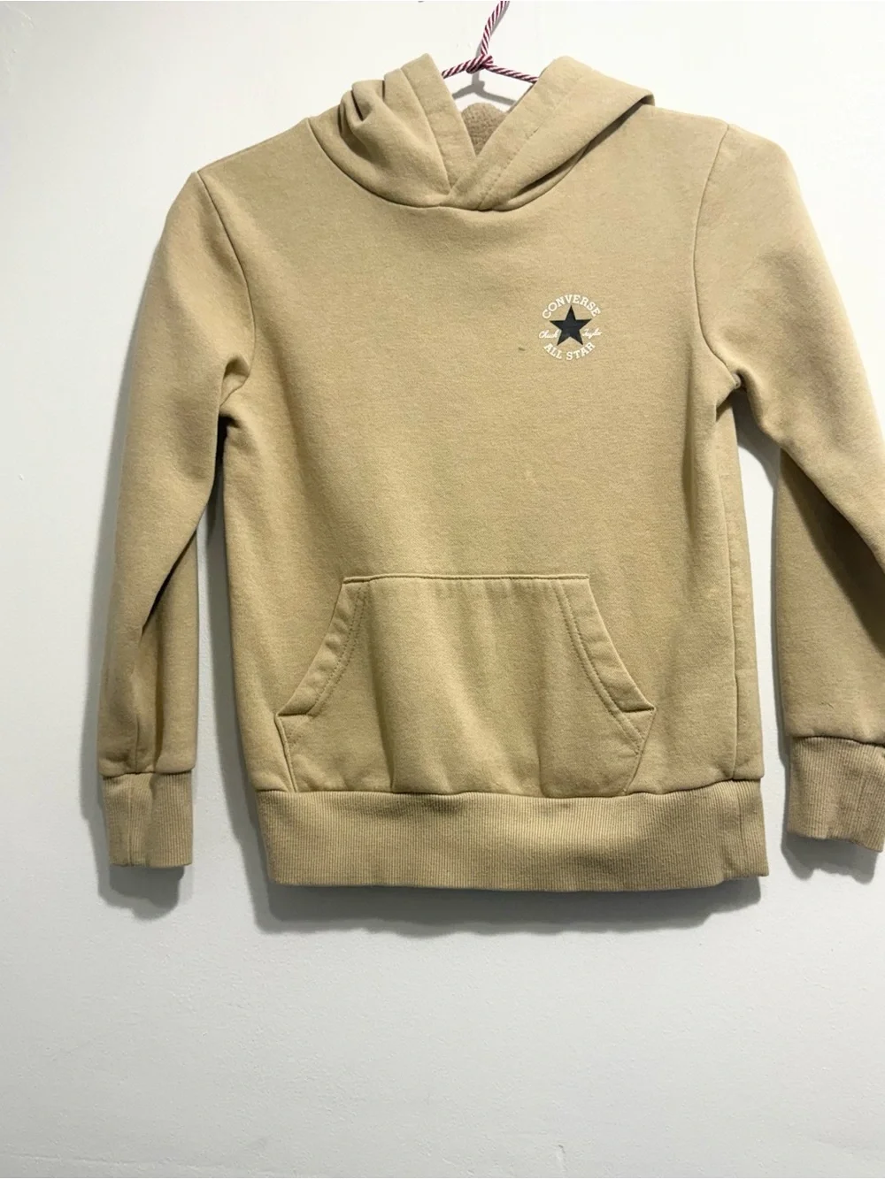 CONVERSE Kids Beige Fleece Lined Hoodie Logo Sweatshirt Size S 8-10